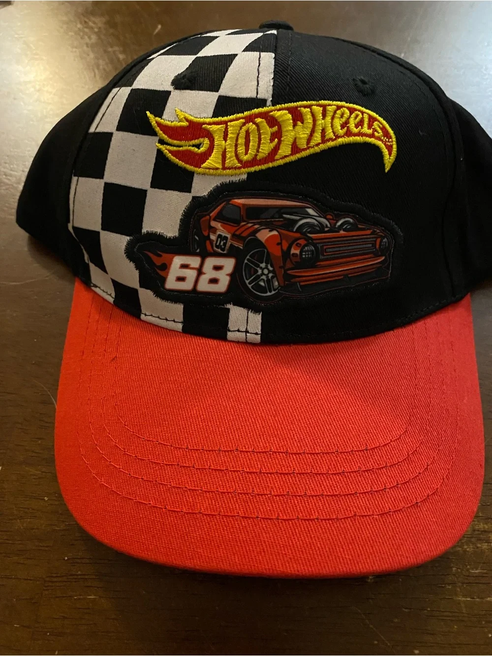Kids Racing Cap in Red & Black with Checkered Accent